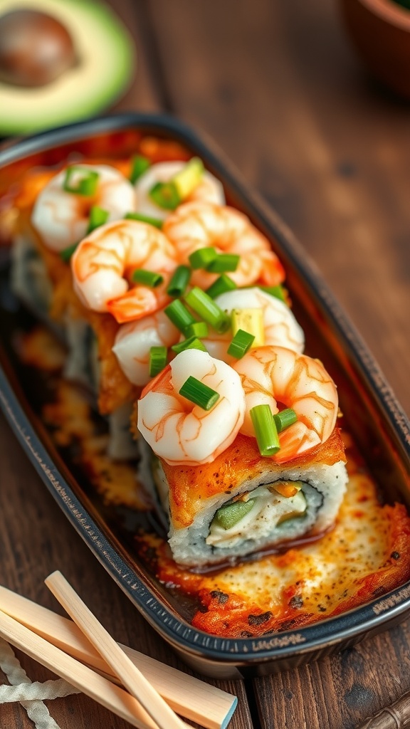 Savory sushi bake topped with crab and shrimp, garnished with avocado and green onions, served with nori strips.